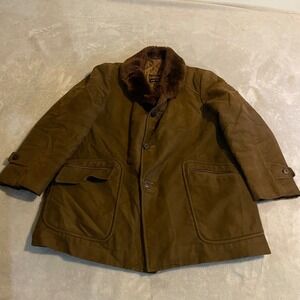 Vintage 1950s Cortefiel Mens Brown Faux Fur Collar Quilted Lined Coat 44 Luxury
